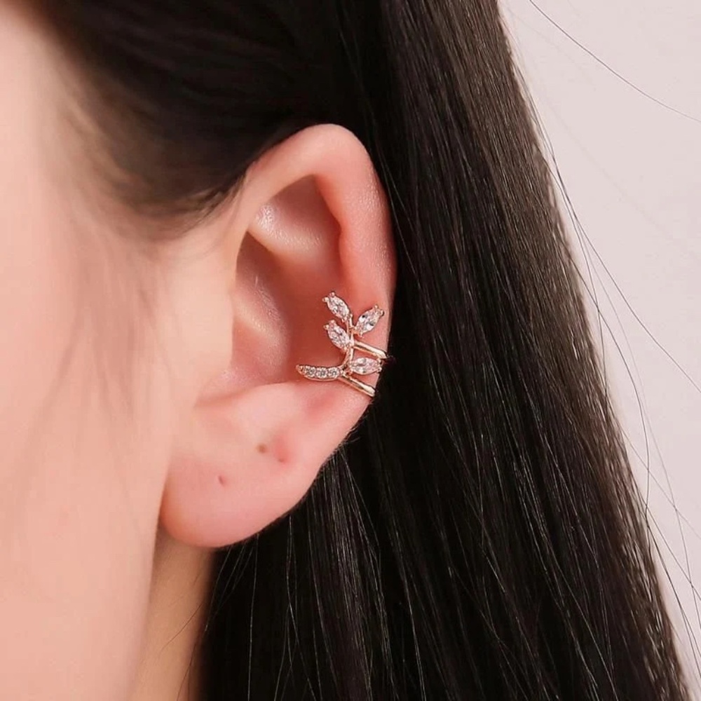Simple Crystal Leaf Ear Clip, Crystal Ear Cuff, Silver Cuff, Rose Gold CufF